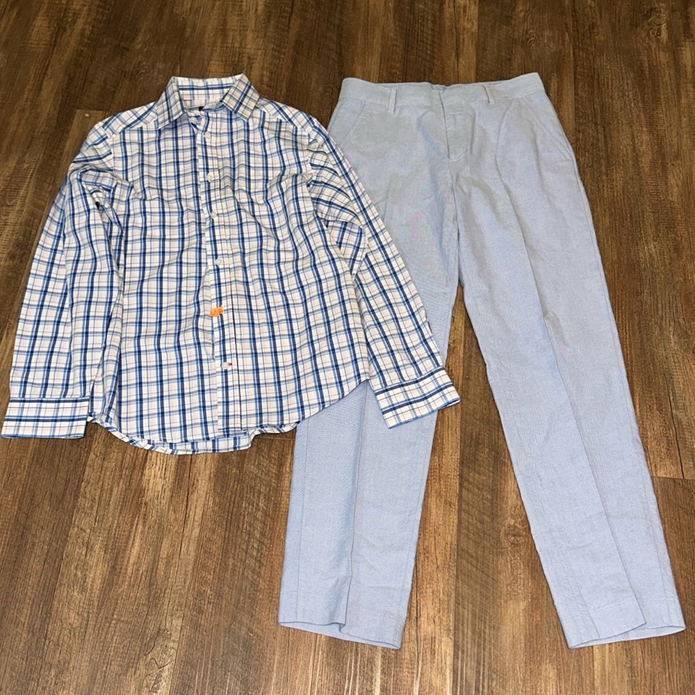 Tommy Hilfiger Boys Flex Plaid Dress Shirt & Blue Dress Pants 14 Dry Cleaned